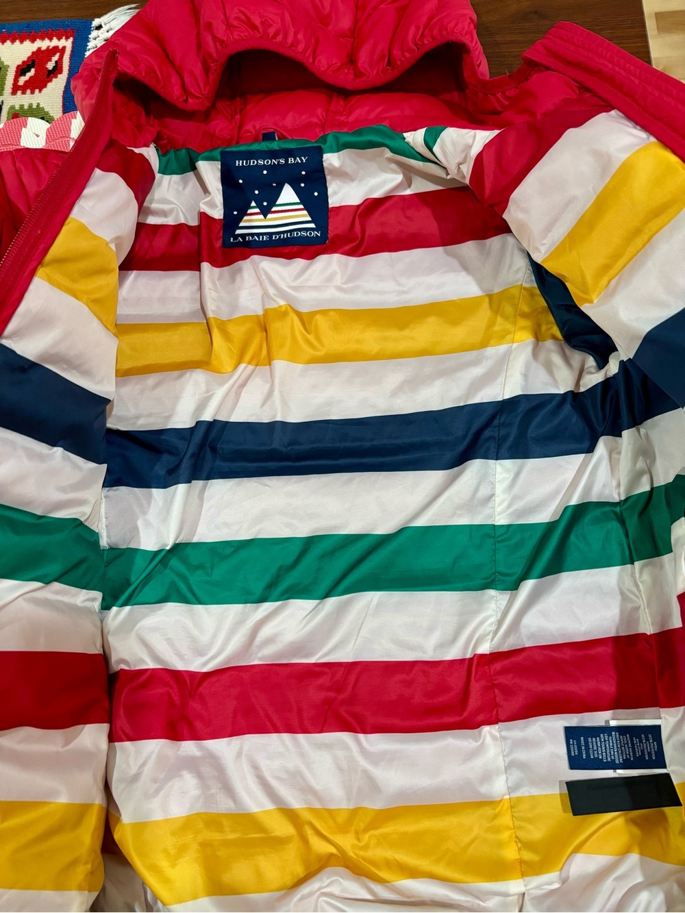 Hudson's Bay HBC Stripes Short Hooded Down Puffer Jacket Size Small - Picture 2 of 5